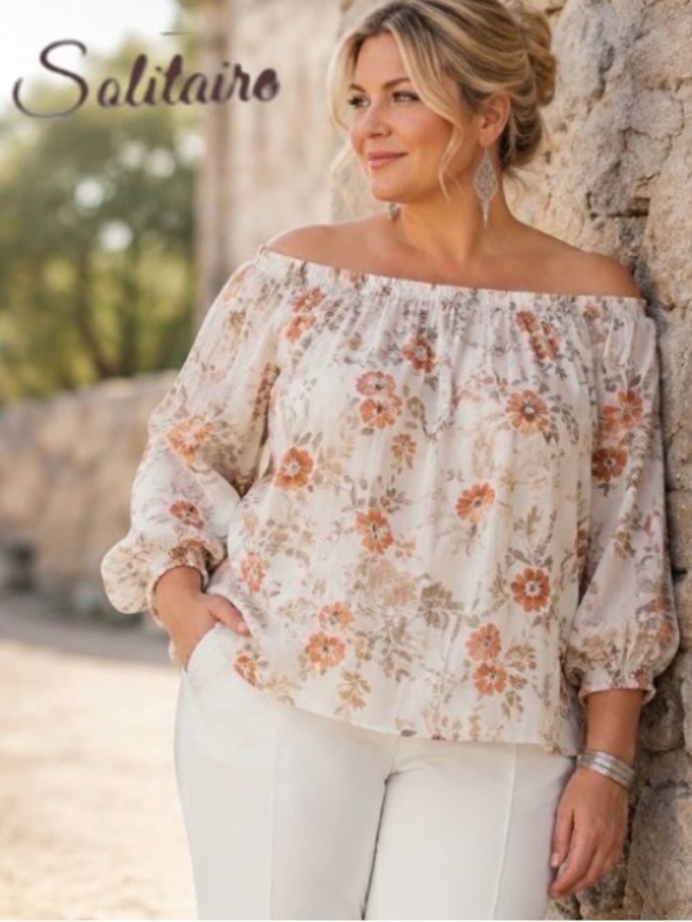 2X Solitaire Puff-Sleeve Boho Peasant Top in Ivory, Cream and Khaki